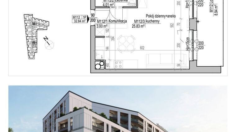 Rzut - Mieszkanie na sprzedaż 1 pokój o powierzchni 32,84 m² - numer 112 w Aleja