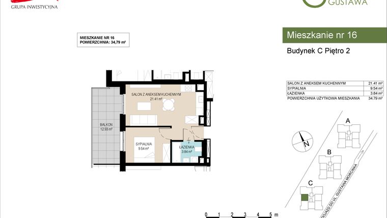Rzut - Mieszkanie na sprzedaż 2 pokoje o powierzchni 34,79 m² - numer C16 w Wzgórze Gustawa