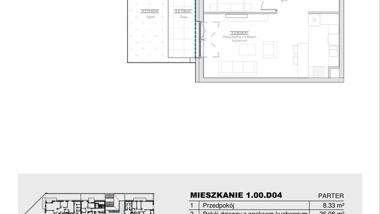 Rzut - Mieszkanie na sprzedaż 2 pokoje o powierzchni 52,05 m² - numer 1.00.D04 w Ogrody Andersa III