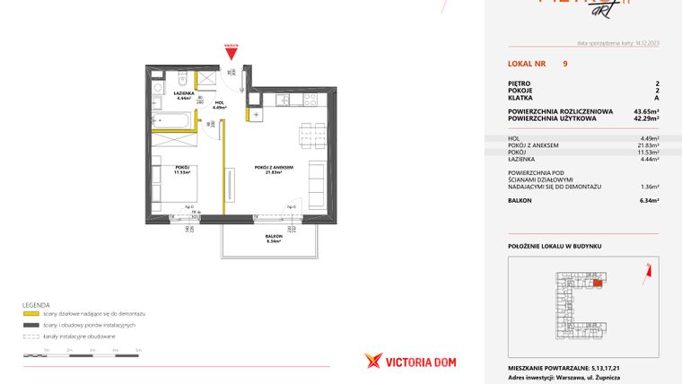 Rzut - Mieszkanie na sprzedaż 2 pokoje o powierzchni 43,65 m² - numer 9 w Metro Art 11