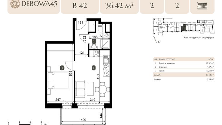 Rzut - Mieszkanie na sprzedaż 2 pokoje o powierzchni 36,42 m² - numer B.42 w Dębowa 45
