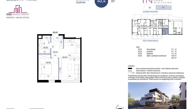 Rzut - Mieszkanie na sprzedaż 2 pokoje o powierzchni 40,4 m² - numer A1-2 w Park Mielecka