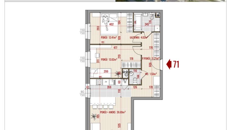 Rzut - Mieszkanie na sprzedaż 3 pokoje o powierzchni 68,88 m² - numer B1.71 w HUZAR B1
