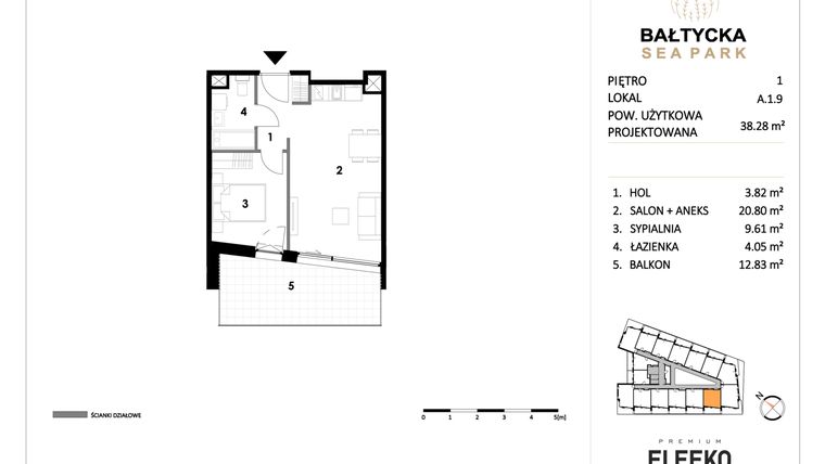 Rzut - Mieszkanie na sprzedaż 2 pokoje o powierzchni 38,28 m² - numer A.1.9 w Bałtycka Sea Park
