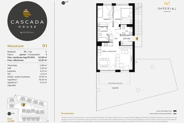 Rzut - Mieszkanie na sprzedaż 3 pokoje o powierzchni 62,24 m² - numer 19.1 w CASCADA House