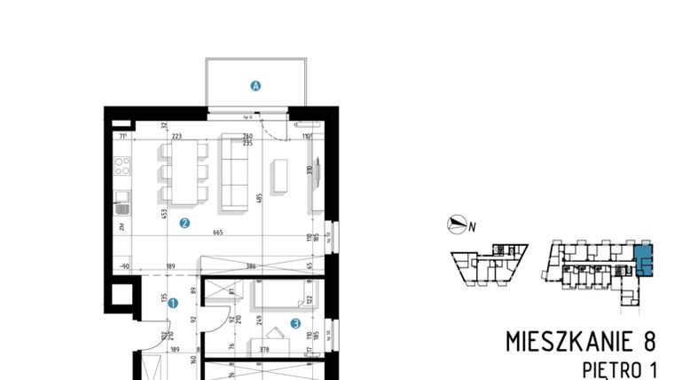 Rzut - Mieszkanie na sprzedaż 3 pokoje o powierzchni 66,3 m² - numer 6A.8 w Parkowa 6AC - ETAP III