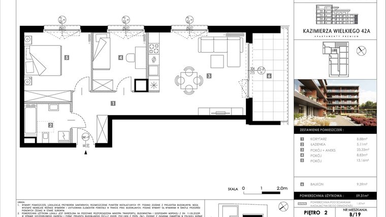Rzut - Mieszkanie na sprzedaż 3 pokoje o powierzchni 59,31 m² - numer B19 w Kazimierza Wielkiego 42A etap II