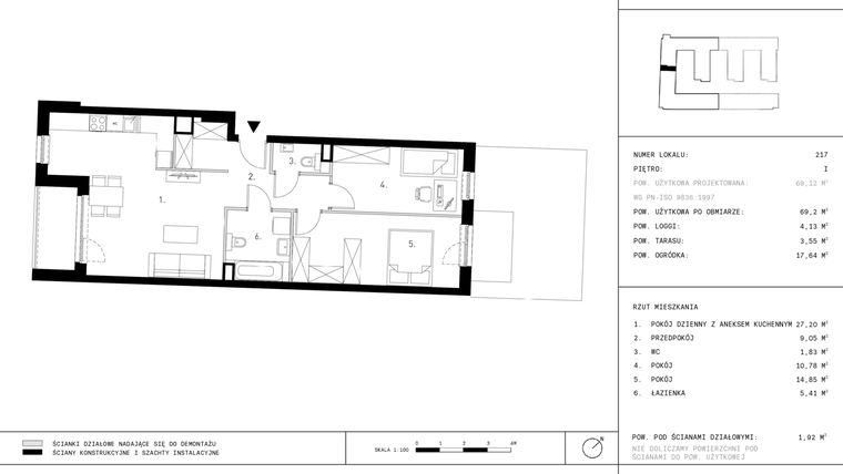 Rzut - Mieszkanie na sprzedaż 3 pokoje o powierzchni 69,2 m² - numer 1.A22-217 w Jurowiecka 22