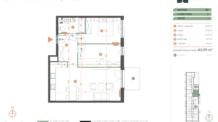 Rzut - Mieszkanie na sprzedaż 3 pokoje o powierzchni 63,09 m² - numer M.01.09 w Casa Feliz Portowa