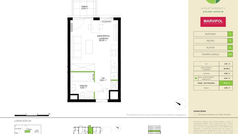 Rzut - Mieszkanie na sprzedaż 1 pokój o powierzchni 28,07 m² - numer M043 w Apartamenty Zielony Natolin