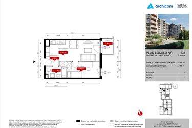 Rzut - Mieszkanie na sprzedaż 2 pokoje o powierzchni 39,49 m² - numer K.131 w Wieża Jeżyce etap V