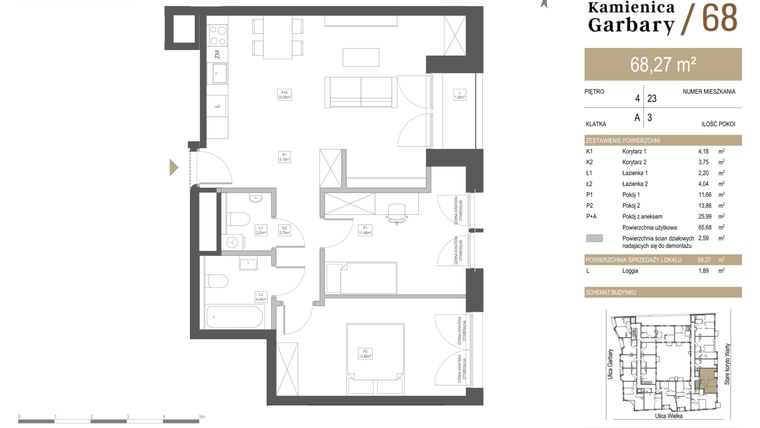 Rzut - Mieszkanie na sprzedaż 3 pokoje o powierzchni 65,5 m² - numer 23 w Garbary 68