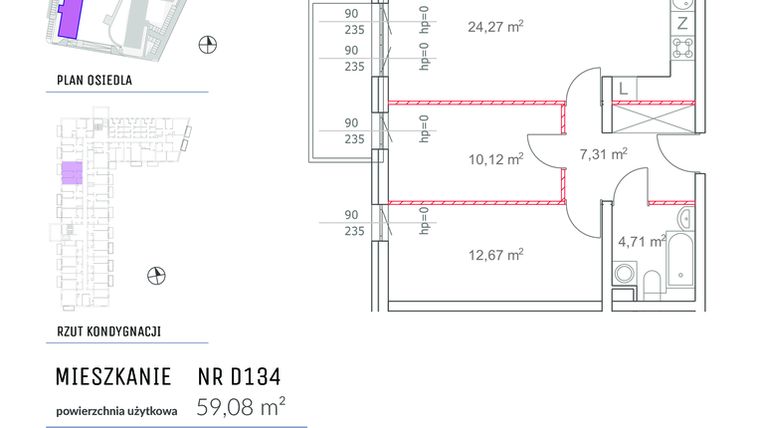 Rzut - Mieszkanie na sprzedaż 3 pokoje o powierzchni 59,08 m² - numer D134 w Osiedle Impresja 2