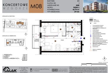 Rzut - Mieszkanie na sprzedaż 2 pokoje o powierzchni 43,7 m² - numer C1_M8 w Koncertowe Wzgórze etap II