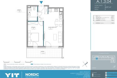 Rzut - Mieszkanie na sprzedaż 2 pokoje o powierzchni 43,97 m² - numer 1.1.3.04 w Nordic Powstańców Śląskich