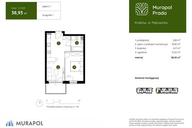 Rzut - Mieszkanie na sprzedaż 2 pokoje o powierzchni 38,93 m² - numer 1.C.1.03 w Murapol Prado