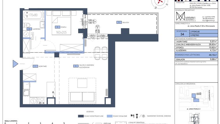 Rzut - Mieszkanie na sprzedaż 2 pokoje o powierzchni 49,15 m² - numer 34 w Apartamenty Jana Pawła 34