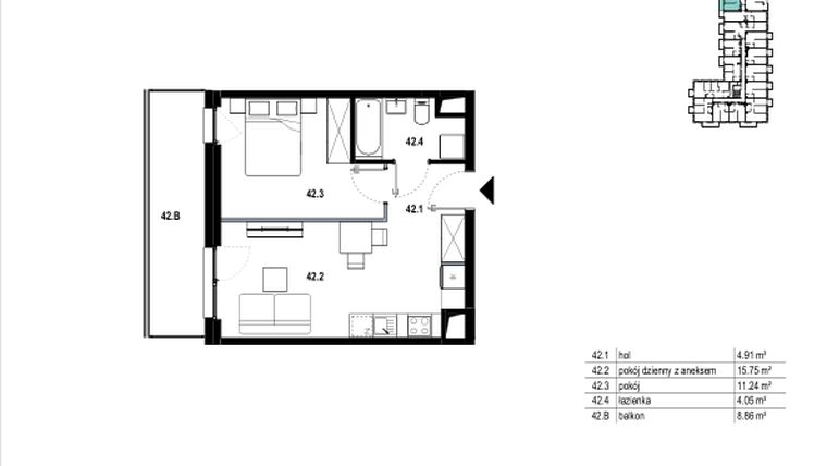 Rzut - Mieszkanie na sprzedaż 2 pokoje o powierzchni 35,95 m² - numer C3.42 w Osiedle Mozaika