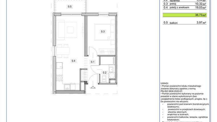 Rzut - Mieszkanie na sprzedaż 2 pokoje o powierzchni 36,73 m² - numer B.22 w EcoBerensona II