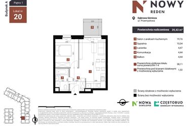 Rzut - Mieszkanie na sprzedaż 2 pokoje o powierzchni 39,43 m² - numer A20 w Nowy Reden