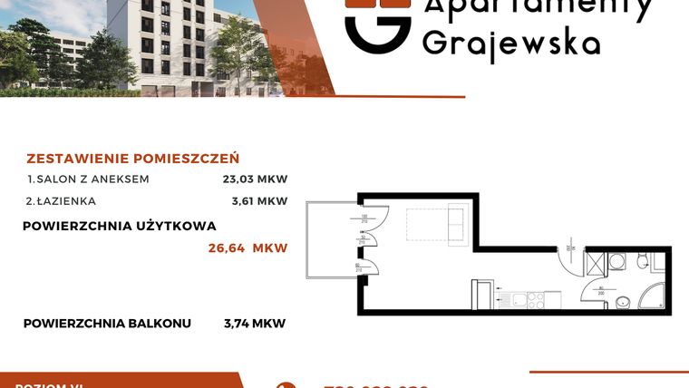 Rzut - Mieszkanie na sprzedaż 1 pokój o powierzchni 26,64 m² - numer M-37 w Apartamenty Grajewska