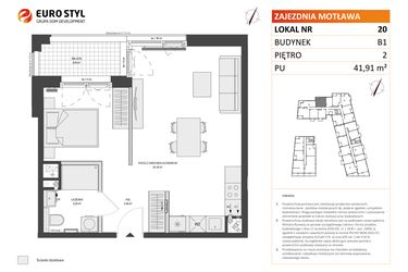 Rzut - Mieszkanie na sprzedaż 1 pokój o powierzchni 41,91 m² - numer B1.20 w Zajezdnia Motława