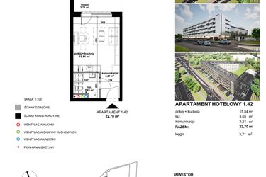 Rzut - Mieszkanie na sprzedaż 1 pokój o powierzchni 22,64 m² - numer 1.42 w Apartamentowiec Zwycięska 3 - inwestycyjne