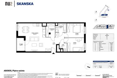 Rzut - Mieszkanie na sprzedaż 3 pokoje o powierzchni 76,03 m² - numer AB0605 w NU2 Warszawa Wola