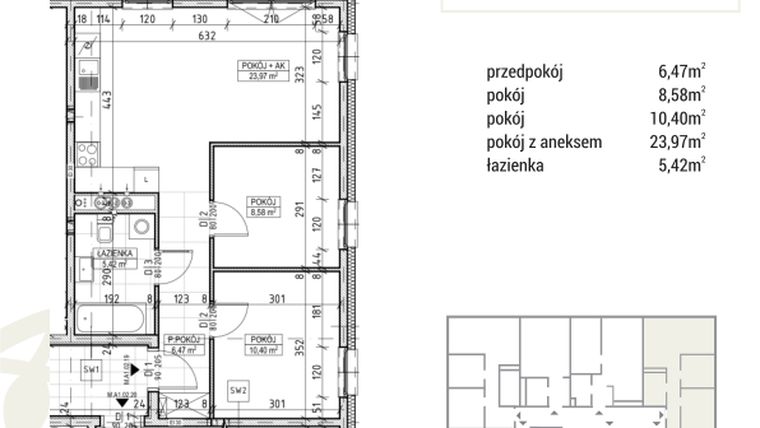 Rzut - Mieszkanie na sprzedaż 3 pokoje o powierzchni 54,84 m² - numer A1.02.19 w Zakątek Flora