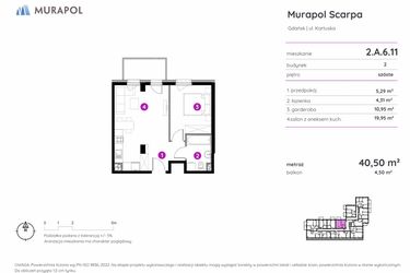 Rzut - Mieszkanie na sprzedaż 1 pokój o powierzchni 40,5 m² - numer 2.A.6.11 w Murapol Scarpa