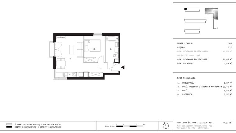 Rzut - Mieszkanie na sprzedaż 2 pokoje o powierzchni 41,85 m² - numer A1.7 w Wynalazek 3A