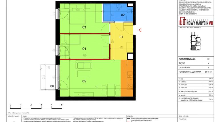 Rzut - Mieszkanie na sprzedaż 3 pokoje o powierzchni 61,1 m² - numer 30 w Apartamenty Nowy Marysin VII