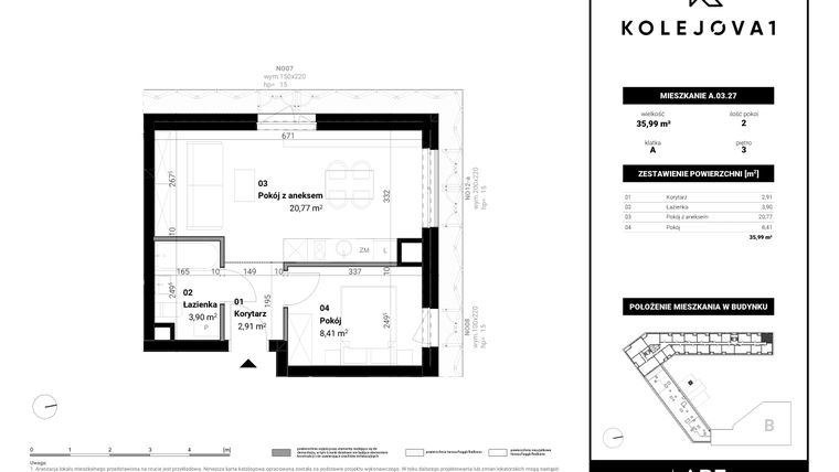 Rzut - Mieszkanie na sprzedaż 2 pokoje o powierzchni 35,99 m² - numer A-03-27 w Kolejova 1