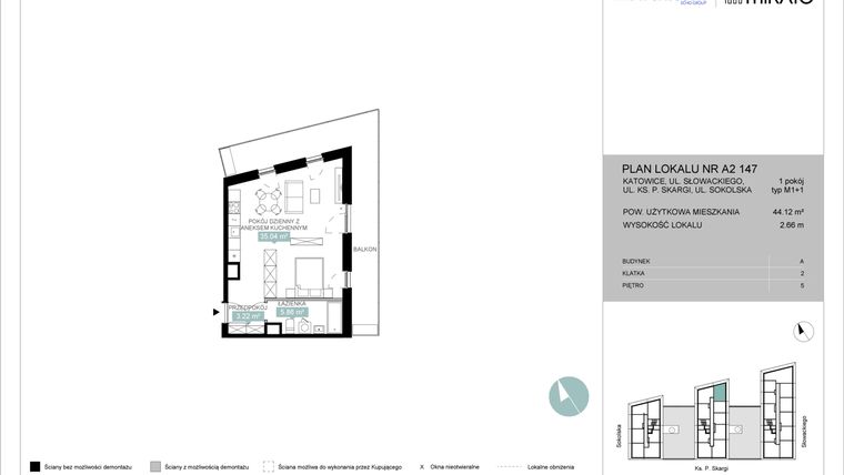 Rzut - Mieszkanie na sprzedaż 1 pokój o powierzchni 44,12 m² - numer A2 147 w Mikato