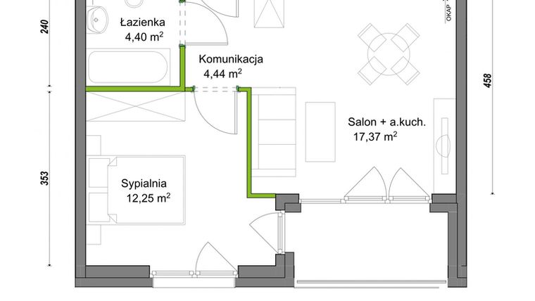 Rzut - Mieszkanie na sprzedaż 2 pokoje o powierzchni 38,46 m² - numer B2/F/03/M w Orawska Vita