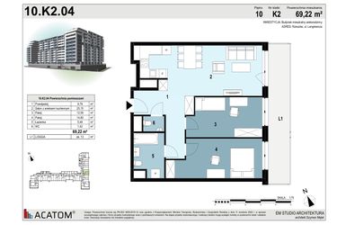 Rzut - Mieszkanie na sprzedaż 3 pokoje o powierzchni 69,3 m² - numer 10.K2.04 w Langiewicza 37