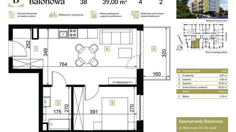 Rzut - Mieszkanie na sprzedaż 2 pokoje o powierzchni 39 m² - numer 38 w Apartamenty Balonowa