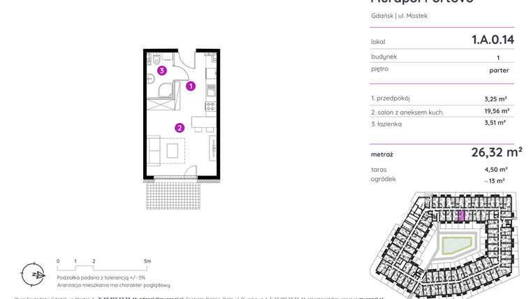 Rzut - Mieszkanie na sprzedaż 1 pokój o powierzchni 26,32 m² - numer 1.A.0.14 w Murapol Portovo etap II