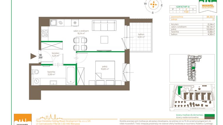 Rzut - Mieszkanie na sprzedaż 2 pokoje o powierzchni 38,2 m² - numer F/20 w Ostródzka 123 - III etap
