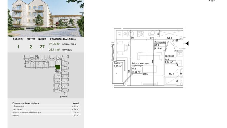 Rzut - Mieszkanie na sprzedaż 1 pokój o powierzchni 26,71 m² - numer A37 w Aleja Mickiewicza