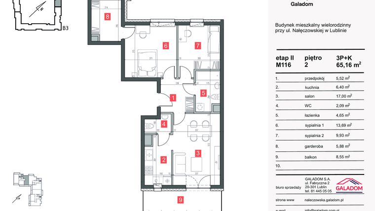 Rzut - Mieszkanie na sprzedaż 3 pokoje o powierzchni 65,16 m² - numer M-116 w Nałęczowska etap II