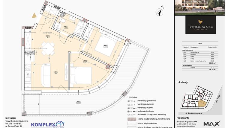 Rzut - Mieszkanie na sprzedaż 2 pokoje o powierzchni 49,88 m² - numer M8 w Przystań na Klifie