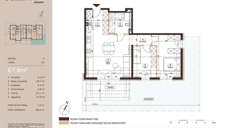 Rzut - Mieszkanie na sprzedaż 3 pokoje o powierzchni 67,8 m² - numer D2 w Domkove Widzew