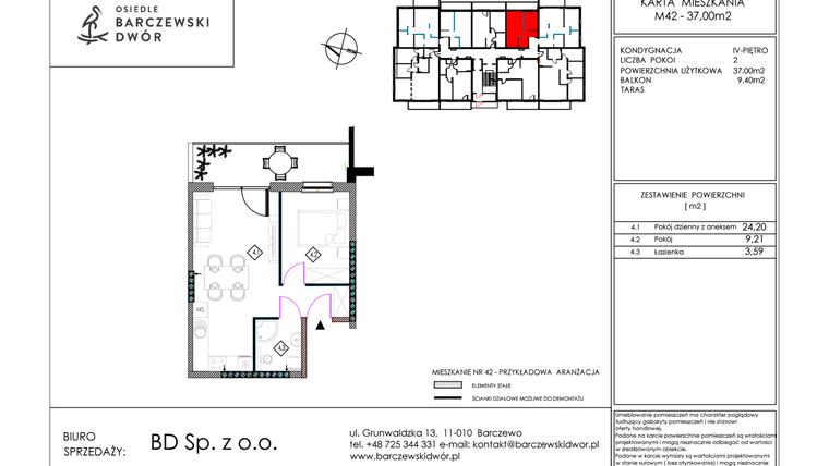 Rzut - Mieszkanie na sprzedaż 2 pokoje o powierzchni 37 m² - numer M42 w Osiedle Barczewski Dwór etap III