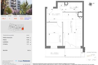 Rzut - Mieszkanie na sprzedaż 2 pokoje o powierzchni 41,65 m² - numer I-A5 w Industria etap I-A