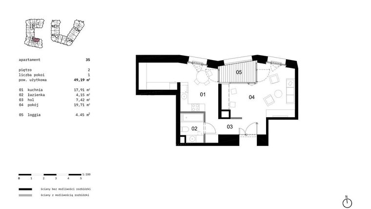 Rzut - Mieszkanie na sprzedaż 1 pokój o powierzchni 49,19 m² - numer 35 w Solna 6
