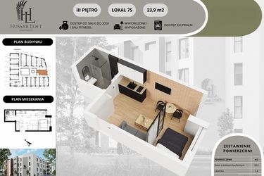 Rzut - Mieszkanie na sprzedaż 1 pokój o powierzchni 23,9 m² - numer 75 w Hussar Loft - Apartamenty inwestycyjne