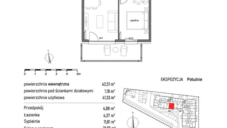 Rzut - Mieszkanie na sprzedaż 2 pokoje o powierzchni 42,51 m² - numer 1.2.2. w Dywizjonu 303