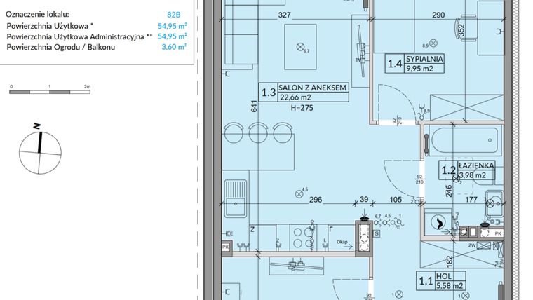 Rzut - Mieszkanie na sprzedaż 3 pokoje o powierzchni 54,95 m² - numer 82B w Osiedle Młodych etap VII