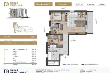 Rzut - Mieszkanie na sprzedaż 4 pokoje o powierzchni 72,63 m² - numer 27 w Osiedle Dakar Karolina